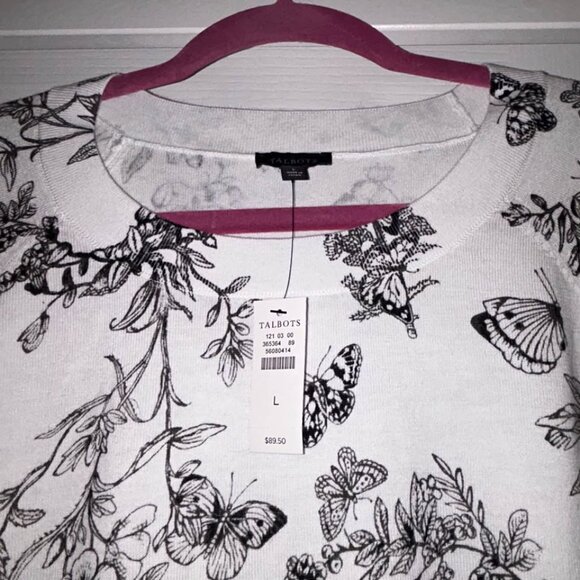 NWT TALBOTS BLACK WHITE ELBOW SLEEVE PULLOVER - BUTTERFLY TOILE WOMAN'S L LARGE - Picture 5 of 8